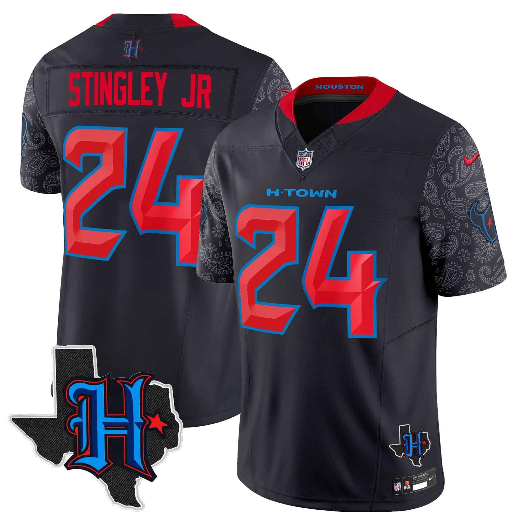 Men Houston Texans #24 Stingley jr Black 2024 Nike Texas Patch Vapor Limited NFL Jersey